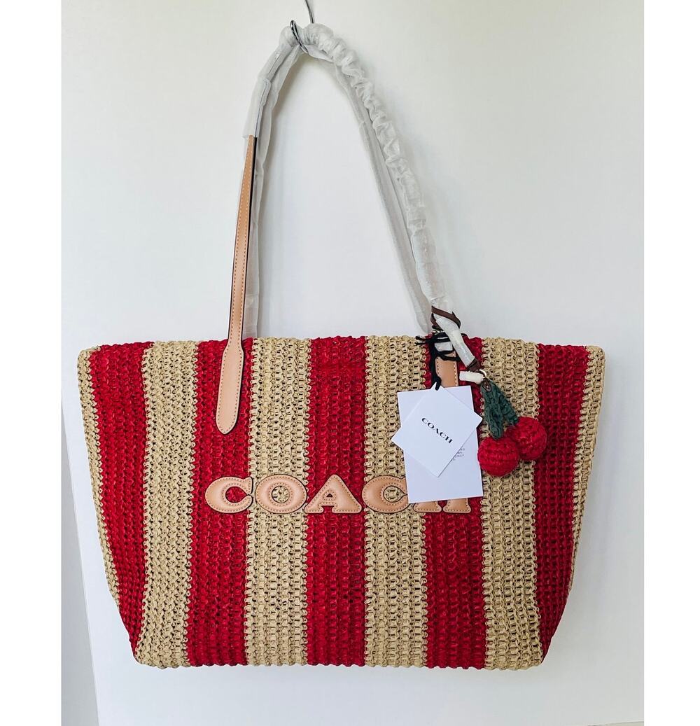 Coach City Tote CER30 Large Red Tan Striped Straw Bag With Charm